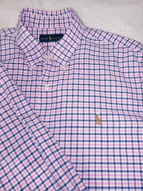 Ralph Lauren Button Down Shirt XL Pink Blue Gingham Flesh Pony Logo Preppy